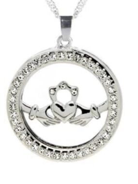 Silver Colored Claddagh Pendant Necklace with Crystal Halo - Women Jewelry